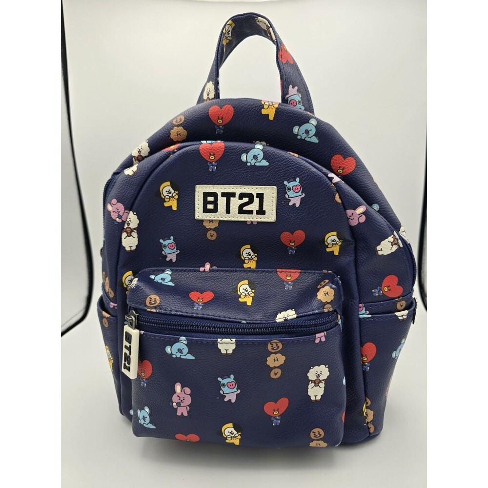 BT21 Line Friends Allover Character Print Mini Backpack Blue Faux Leather K-Pop